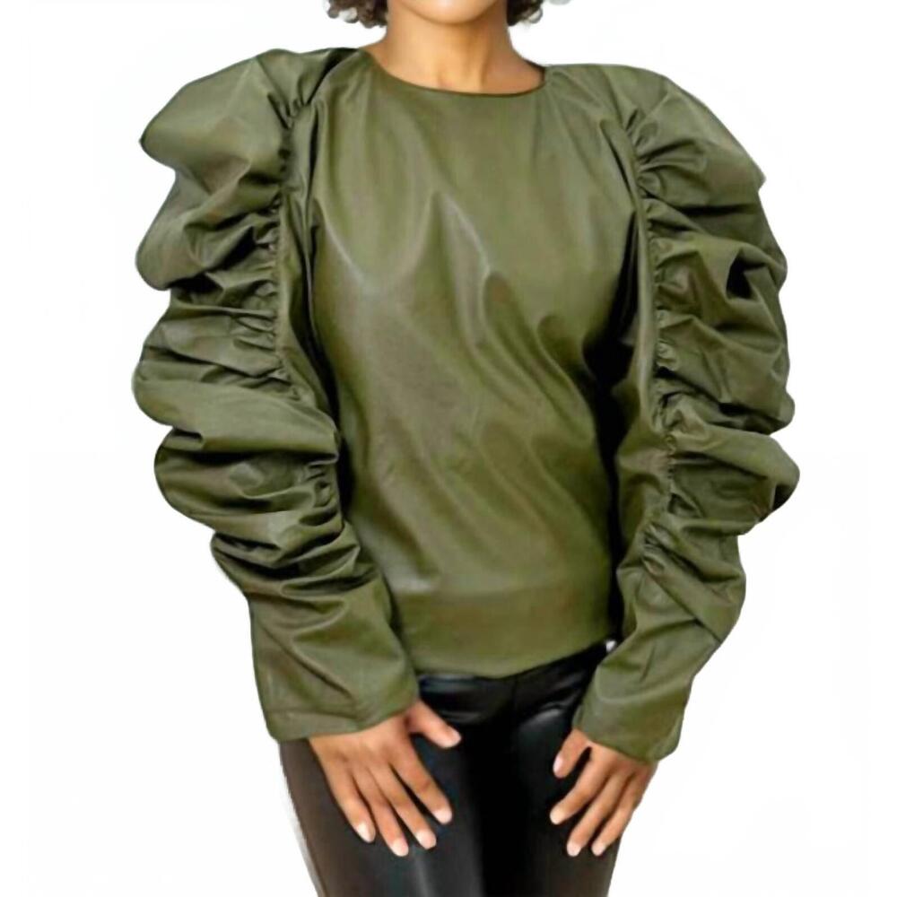 NEW N BY NANCY faux leather ruffle sleeve top in olive